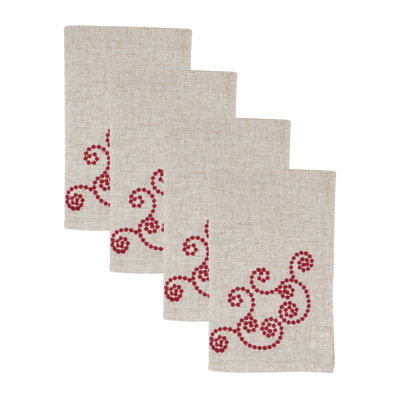 Embroidered Swirl Cloth Napkins (Set of 4) - Decorative Linen Blend Farmhouse Dinner Napkins for Everyday Dining & Holiday Entertaining