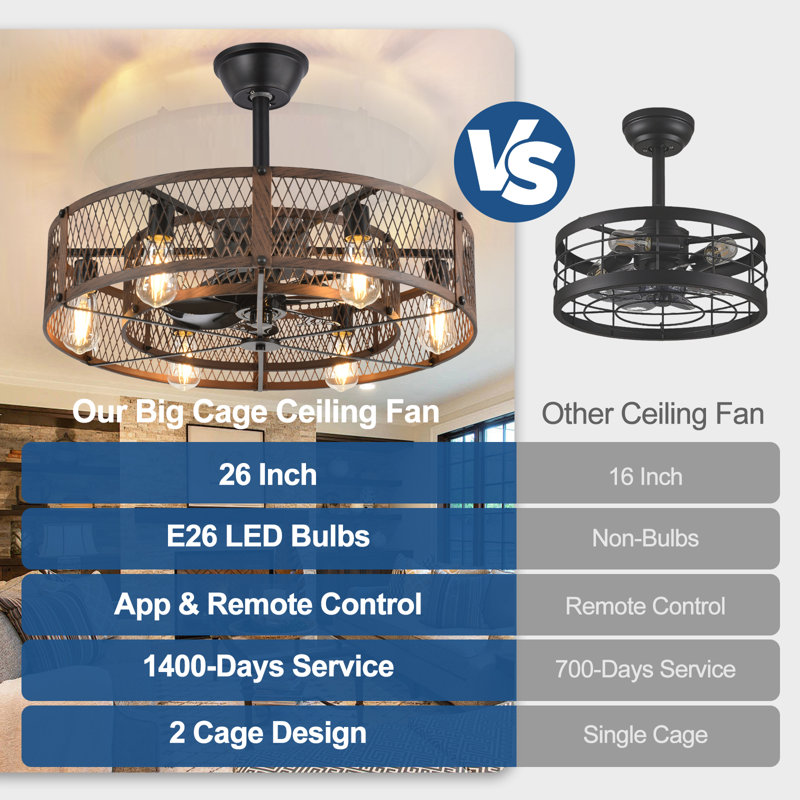 Ventilateurs de plafond en cage de 26 po avec télécommande pour l'application pour la chambre à coucher de patio, ventilateur de plafond encastré avec lumières et minuterie réversible noyer 6 vitesses Farmhouse