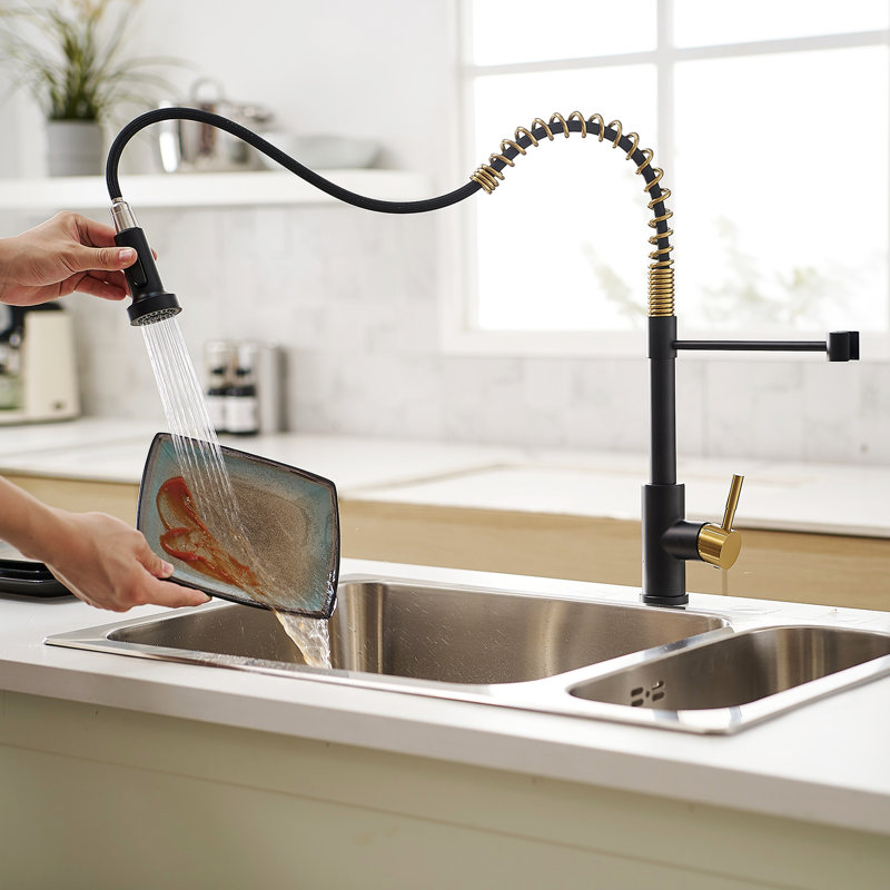 Black And Gold Kitchen Faucet With Pull Down - Finish Treatment, Precise Water Volume Control In Beige Materials, Easy Installation Steps