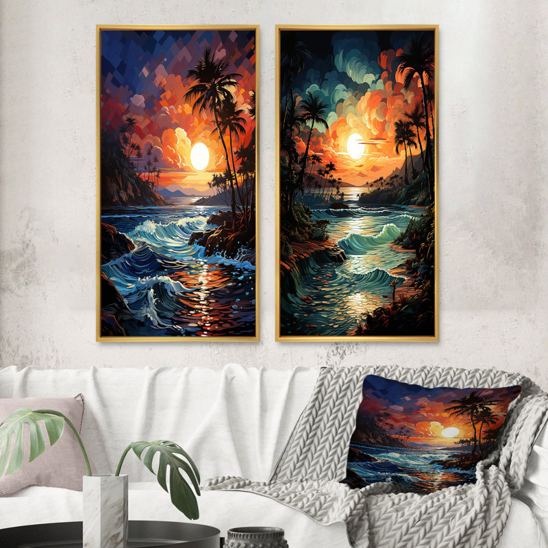 «Colorful Orange Palm Trees Sunset», 2 pièces, H 32 po x l 32 po, Encadrement doré