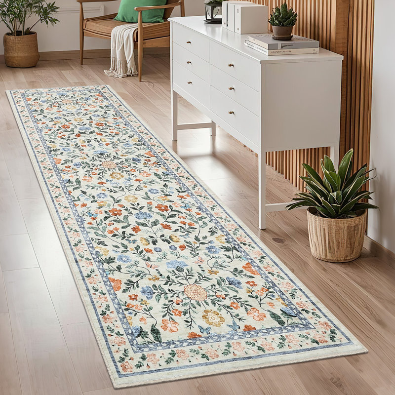 Floral Machine Washable Rug for Living Room, Non-Slip Vintage Floor Mats, Stain-Resistant Soft Faux Wool Farmhouse Indoor Carpet for Bedroom, Nursery, Dining Room