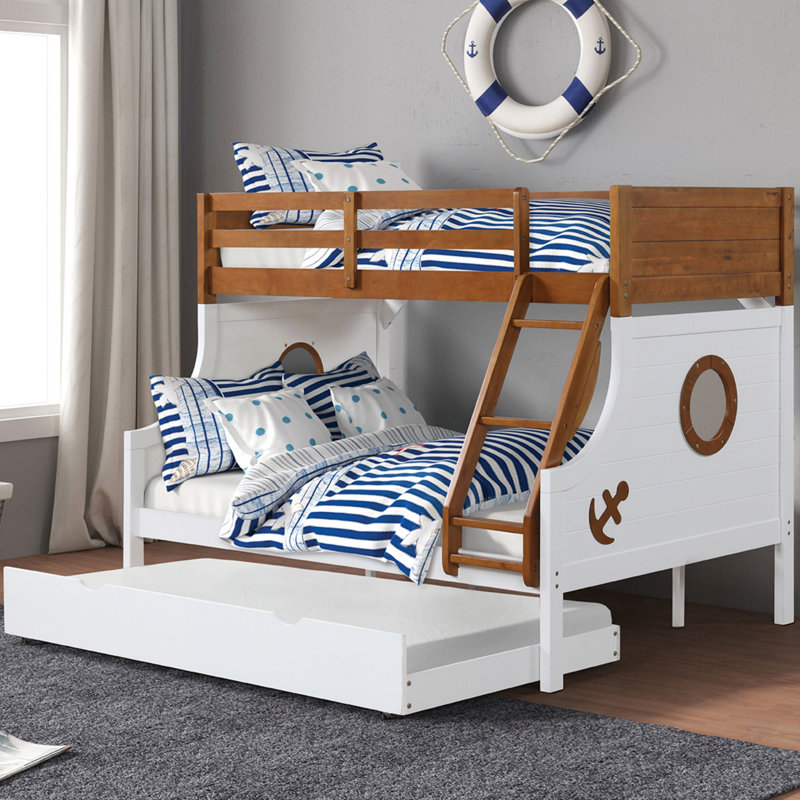 Lit superposé simple au-dessus d'un lit double de style moderne moderne avec rails en échelle attachés et structure de joint verrouillable pour lit supérieur au fini chêne sécuritaire Lit inférieur au fini blanc