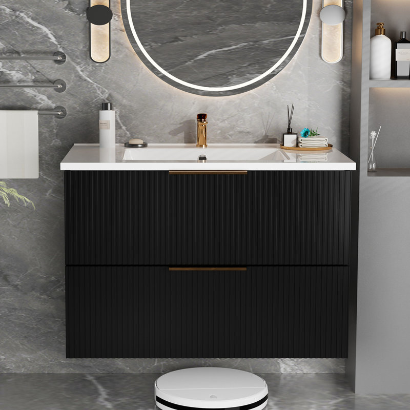 Meuble-lavabo noir 090, sans lavabo, deux tiroirs, réduit le nettoyage, planche multicouche, grands coins hygiéniques
