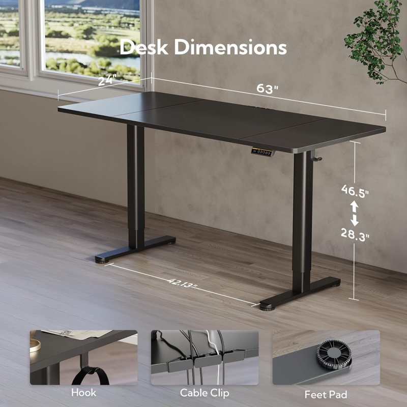 Bureau debout électrique à hauteur ajustable avec crochets, Noir / Noir, H 46,5 po x l 63 po x P 24 po
