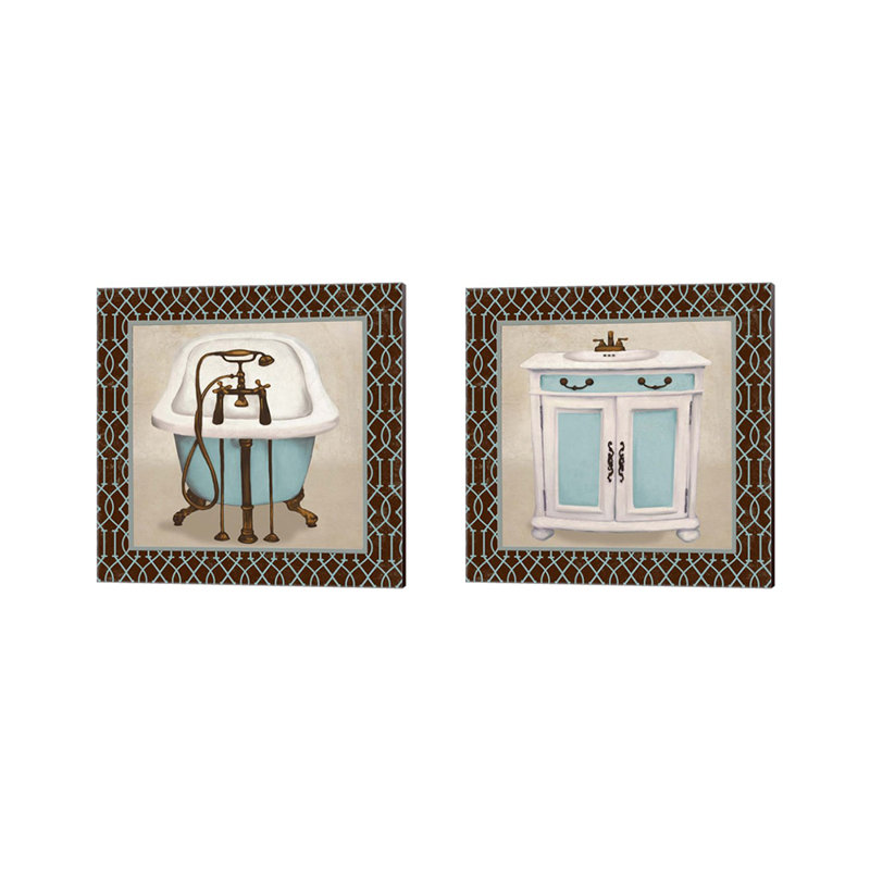 Chic Lattice Bath Blue and Brown Canvas Art Set