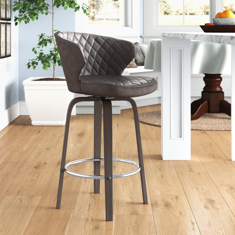 Stevan Swivel Counter & Bar Height Barstool with Metal Footrest in Faux Leather, and Wood, Counter Stool (26" Seat Height)