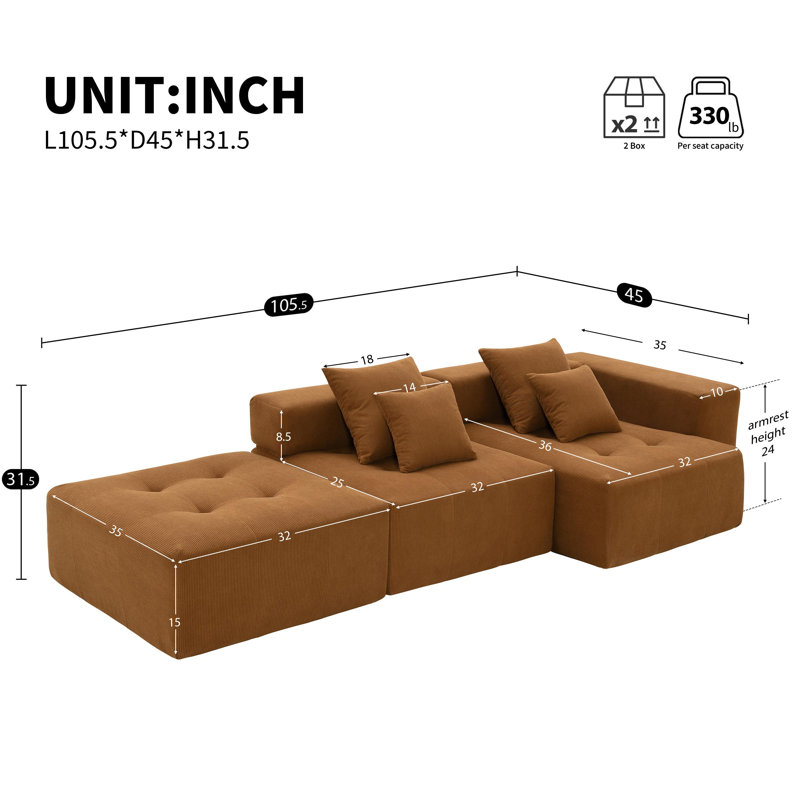 Canapé modulaire Boneless, Velours côtelé brun