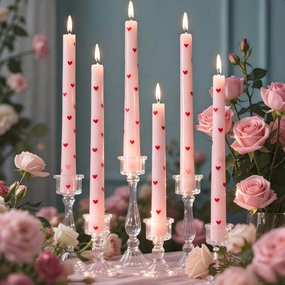 Set Of 6 Pink Heart Taper Candles, 10 Inch Handmade Dripless Candlesticks