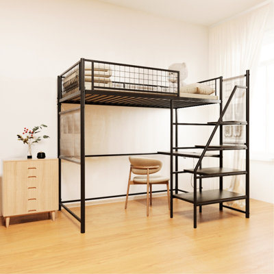 Metal Twin Loft Bed With Wear- Foot Pads And Desk Area Sized Bunk Widened Stairs Led Lighting