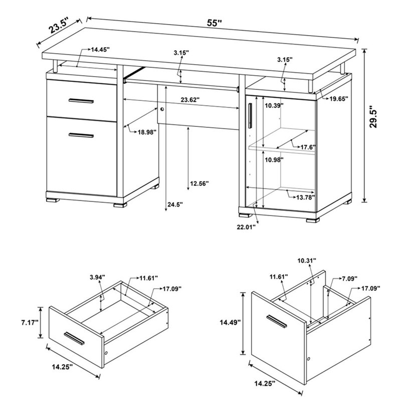 Bureau blanc de 55 pouces avec 2 tiroirs, détails en métal modernes, espace de rangement généreux pour une utilisation abondante