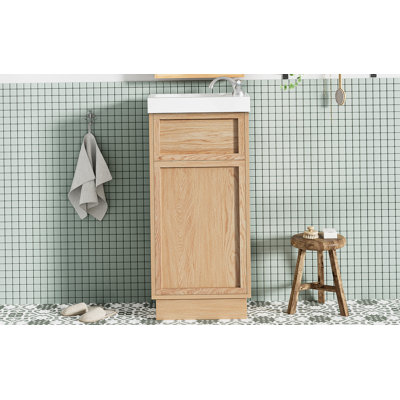 Meuble-lavabo de 15,75 po avec lavabo réversible en résine, armoire en panneau de fibres à densité moyenne avec tablette réglable et porte à pousser, finition en mélamine grain de bois, porte réversible, style rustique pour petits espaces
