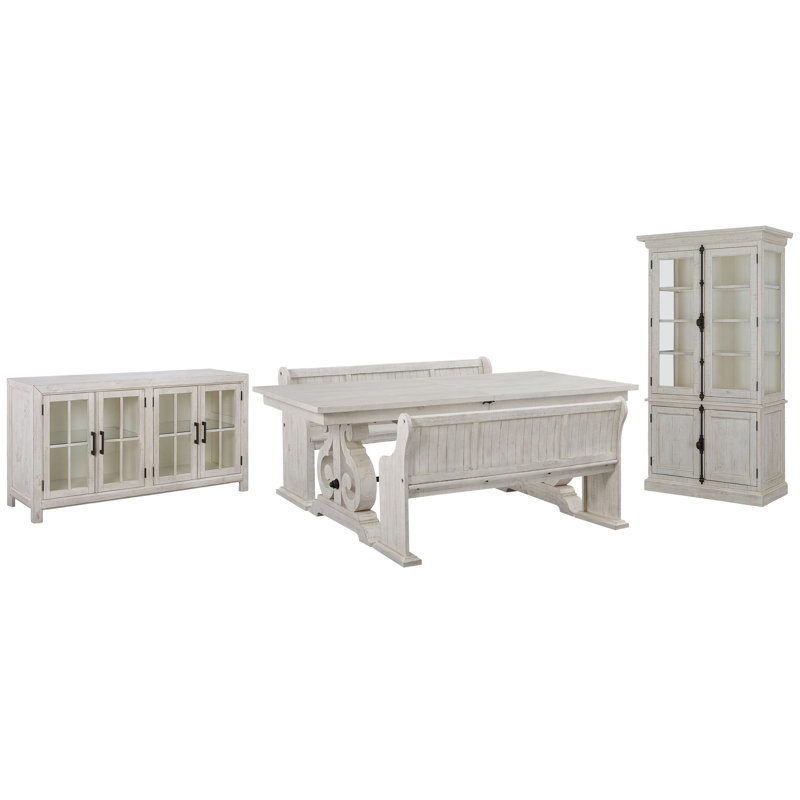Jaavon Extendable Rectangular Dining Table With 2 Benches Buffet And Dining Cabinet, 5Pcs:Table,Cabinet,Buffet,2Benches