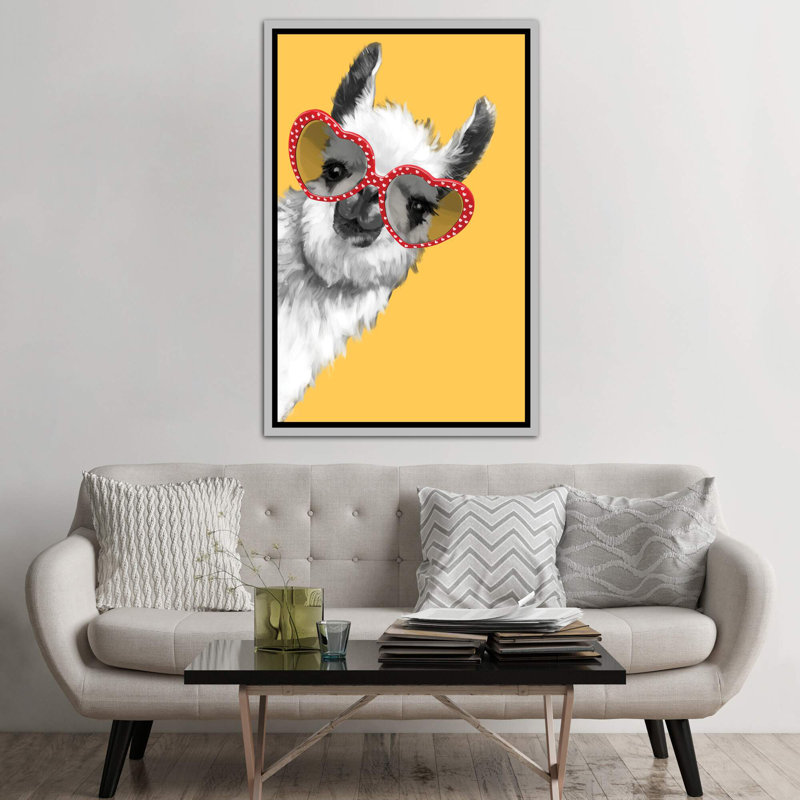 Art de llama mode avec verres à hipster, H 60 po x l 40po x P 1,5 po, Toile avec cadre argenté