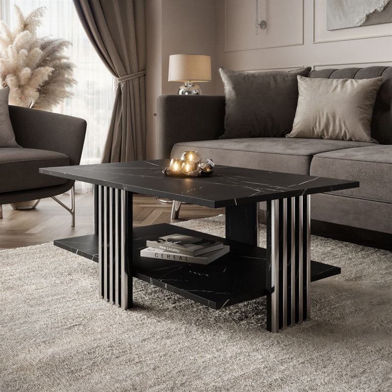 Four Leg Coffee Table with Storage, Silver, Black, Marble