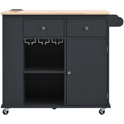 Power Outlet Equipped Kitchen Island With Drop Leaf. Black. Open Shelving, Wine Storage. And Practical Solution Fitted In Leaf Function, Cellar, Space For