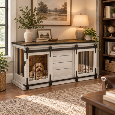 Cage pour 2 chiens de style ferme, blanc antique, 157 cm (62 pouces), principalement en bois massif, avec portes coulissantes de style grange et séparateur amovible.