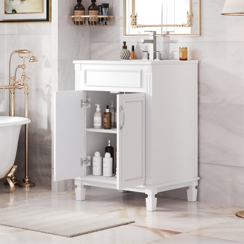 Meuble-lavabo 24 po avec lavabo supérieur, armoire de rangement moderne avec 2 portes à fermeture douce et tablette réglable, structure en bois massif