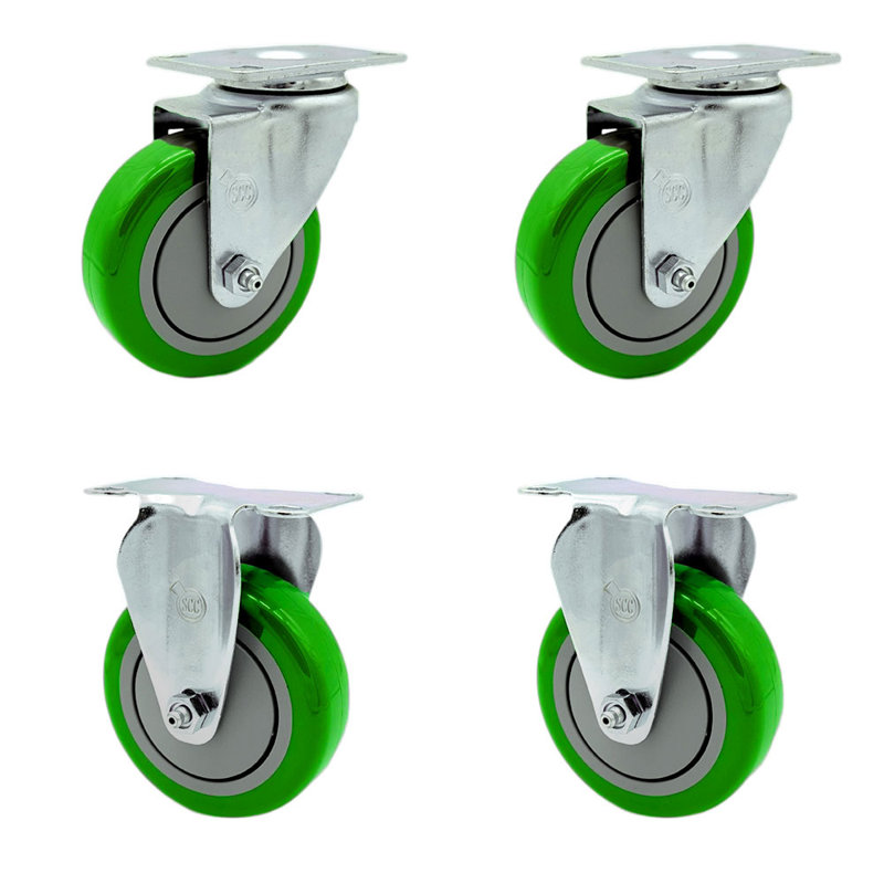 Ensemble de roulettes à plateau pivotant en polyuréthane jaune de 4 pouces avec 2 plateaux rigides, Vert