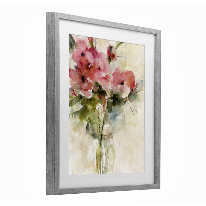 Reproduction sous verre abstrait encadrée d'un bouquet de roses abstraites, design par Carol Robinson, H 16 po x l 13 po