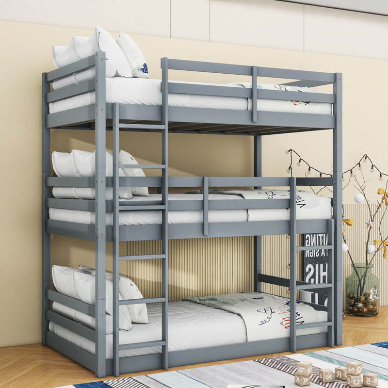 Twin Over Twin Over Twin Wooden Bunk Bed With Detachable Design And Ladder, Gray