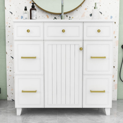 36" Bathroom Vanity with Resin Sink, Storage Cabinet with Soft Closing Door and 3 Drawers
