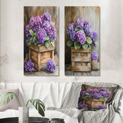 Hydrangeas Bouquet in a Wooden Crate I – Purple Botanical Metal Wall Art Print Set of 2
