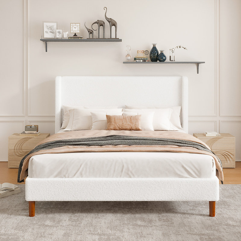 Structure de grand lit, lit plateforme tapissier avec tête de lit à oreilles Boucle, support de lattes en bois robuste, sommier anti-bruit, assemblage facile, sans sommier tapissier, blanc