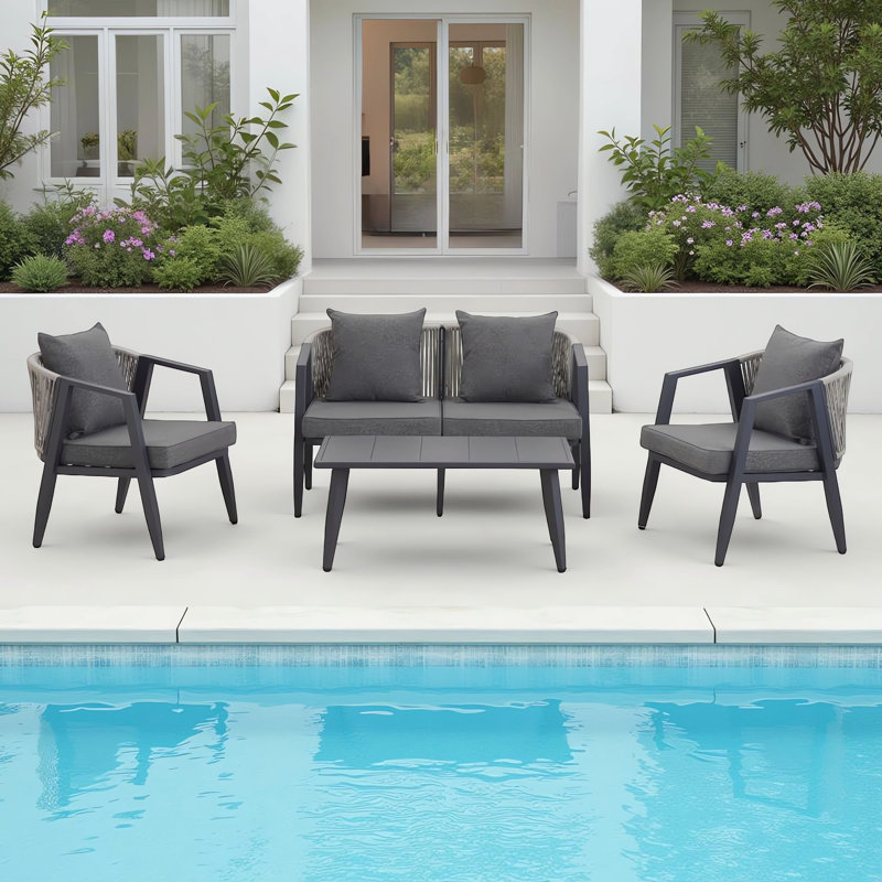 Modern 4-Piece Outdoor Patio Conversation Set With 2 Cushioned Chairs, 1 Loveseat & 1 Coffee Table, Gray