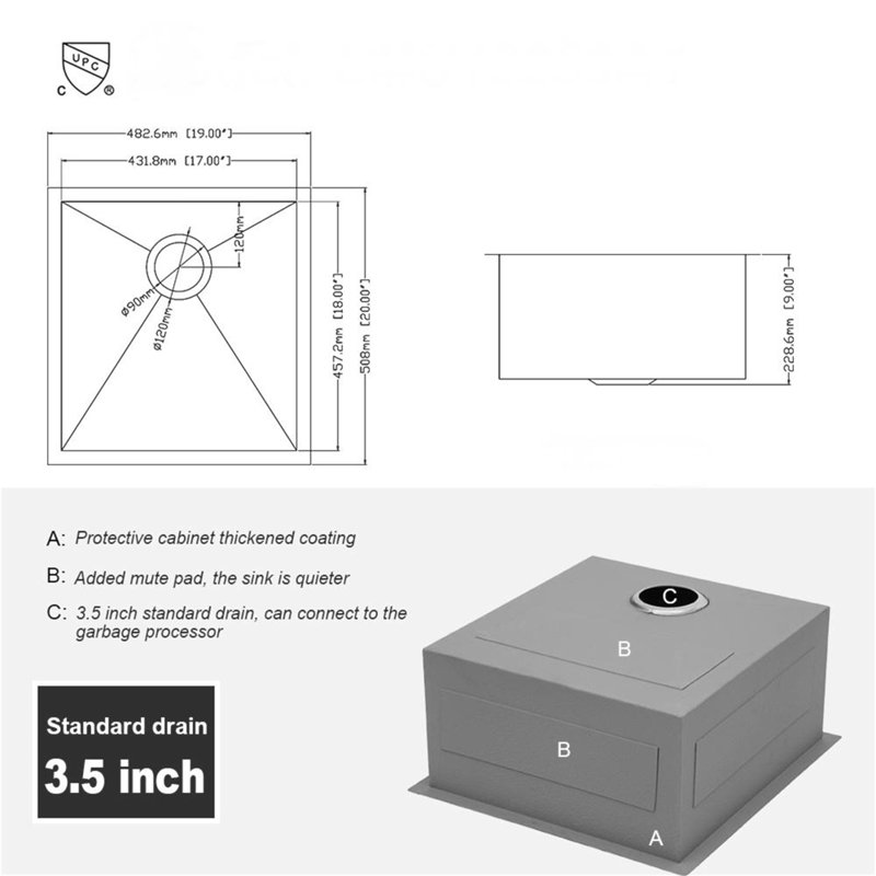 Évier de cuisine encastrable 19 po - évier de cuisine encastrable 19 po x 20 po x 9 po en acier inoxydable de calibre 16 profond 9 pouces