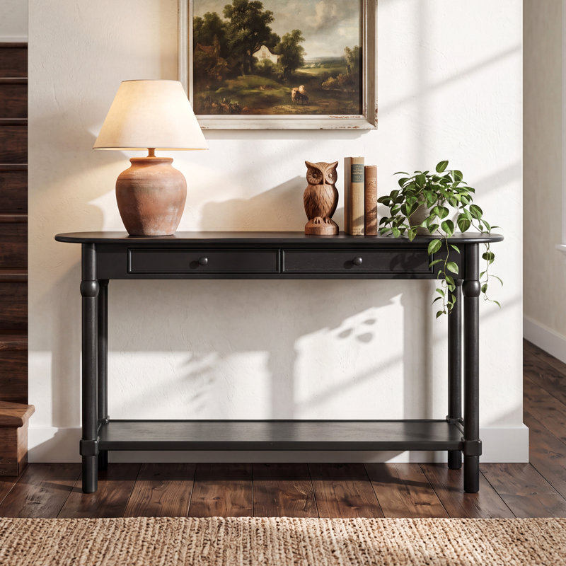 Console Faronne de style traditionnel en bois massif de 151 cm de long, avec pieds tournés, 2 tiroirs et une tablette inférieure, idéale pour l'entrée et le salon.