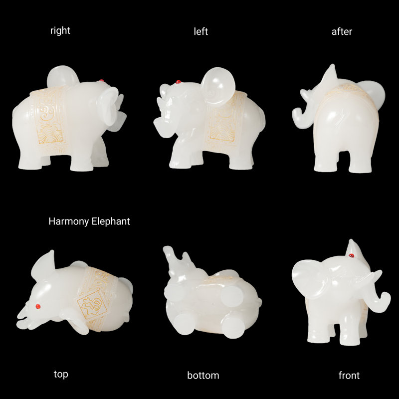 6-Piece White Jade-Look Elephant Figurines Set with Gold Patterns - Lucky Feng Shui Animal Statues Home Decor, White