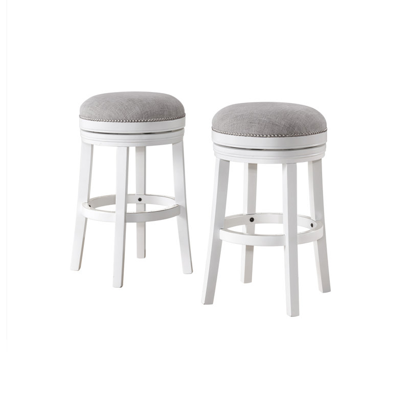 Clara Swivel Counter Height Stool, White - 360-Degree Swivel, Silver Satin Nailhead Accents, Solid Rubberwood, Backless Design, Built-In Metal-Plated Footrest, Kitchen Island, Bistro Table