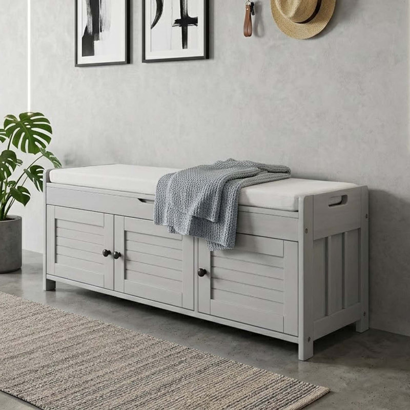 Marrion Contemporary Style Storage Bench with Adjustable Shelves and Cushions, Wooden Legs for Bedrooms and Entryways