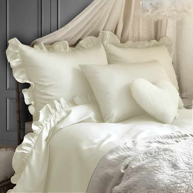 400TC Cotton Sateen Ruffle Cotton 4 Piece Sheet Set Fitted Sheet Fits Upto 16" Deep Pocket, Twin Extra Long Sheet Set, Ivory