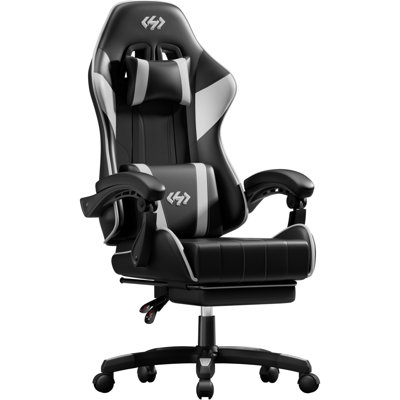 Fauteuil de jeu, fauteuil de bureau ergonomique avec repose-pieds lombaire, appui-tête réglable, fauteuil de jeu vidéo à hauteur et dossier réglables, similicuir, pivotant à 360 °, adulte, noir et blanc