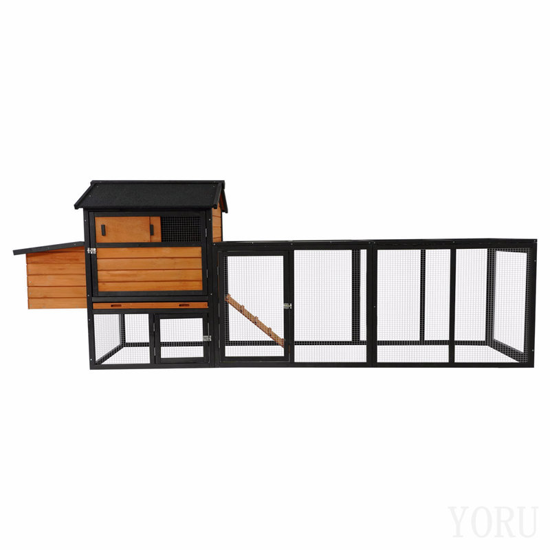 Poulailler en bois brun et noir, grand poulailler extérieur avec cage de poulailler et nichoir, clapier à lapin, panneau anti-UV imperméable pour la cour arrière