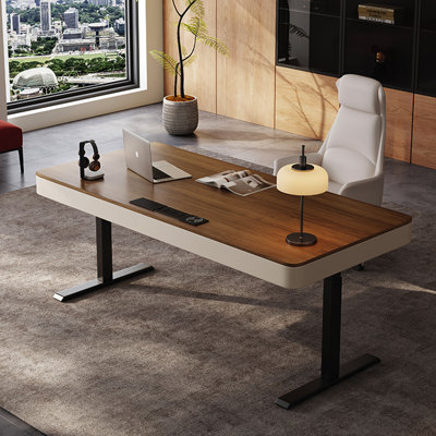 Minimalist Light Luxury Walnut Top & Beige Smart Electric Height-Adjustable Desk | Computer Desk | Premium Home Office Workstation