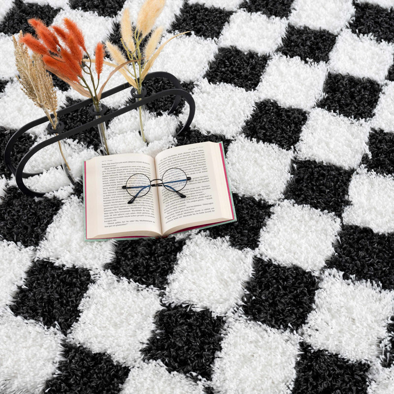 Atiray Shag Checkered Modern Black / White Area Rug, Rectangle 5'3" x 7'3"
