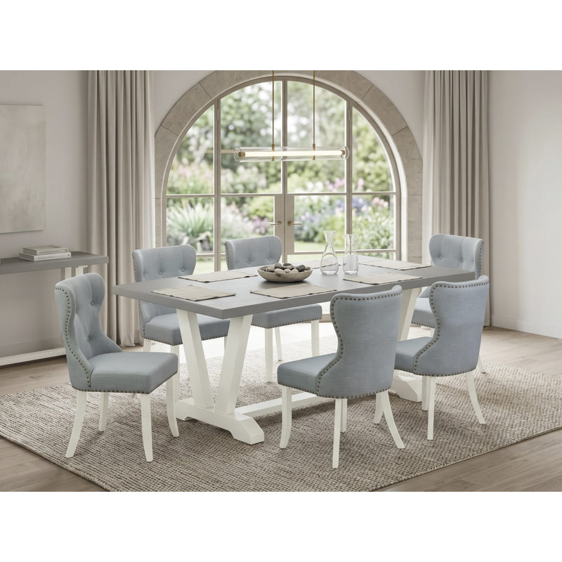 Ensemble de table de salle à manger 6 pièces - 4 chaises de style Mid-Century avec siège en tissu de lin bleu bébé et dossier capitonné à boutons - Table de salle à manger et banc d'intérieur - Lin brossé blanc