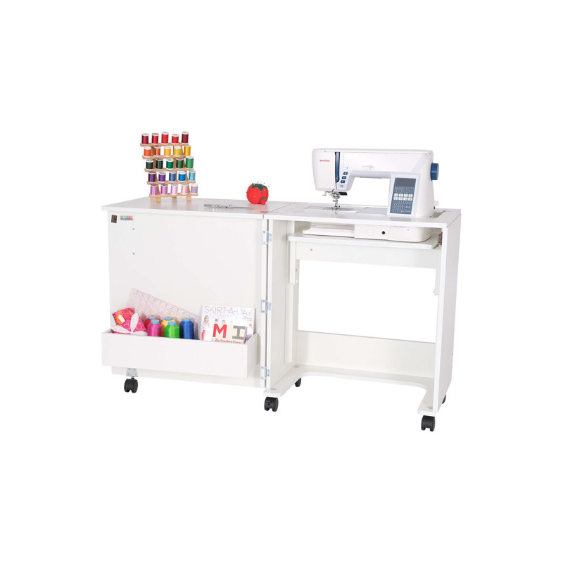 White Compact Hydraulic Lift Sewing Cabinet with Storage