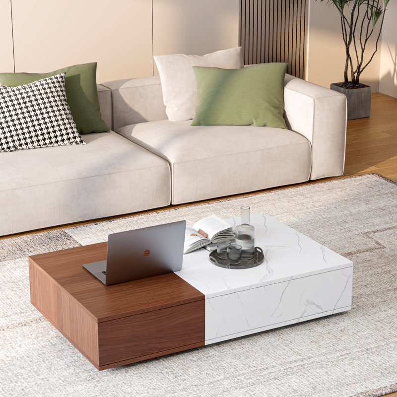 Modern Style Coffee Table With Two Storages In Rectangular Marble Storage Spaces Walnut Design