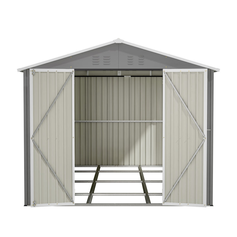 Remise de rangement extérieure 8 x 12 pi, grand rangement pour outils en métal avec cadre en aluminium et portes verrouillables, rangement pour pelouse de jardin, gris