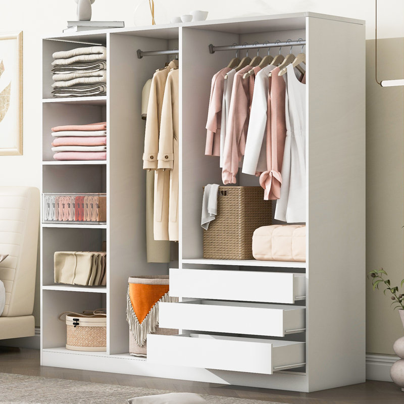 Armoire de rangement sans porte avec tablettes et 3 tiroirs, Blanc