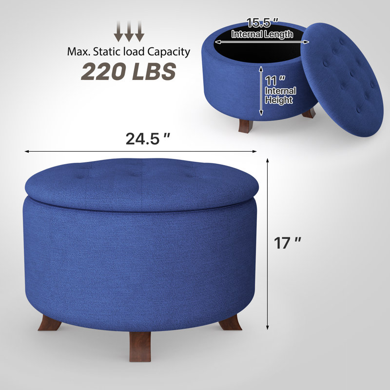 Upholstered Storage Ottoman Bench Button Tufted Round Ottoman Footrest Stool for Living Room Bedroom, Navy