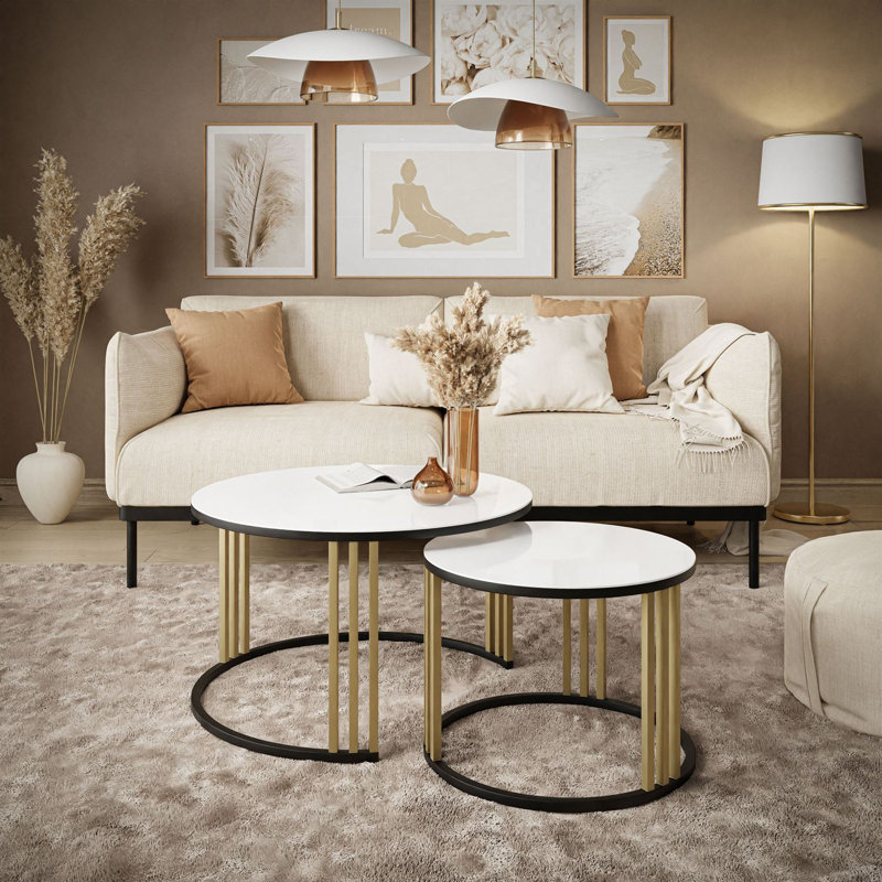 Downey 2 Piece Coffee Table, Black/Gold, White Glass