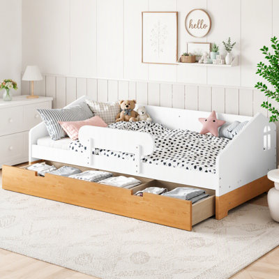 House Shaped Floor Bed Frame with Storage Drawers and Safety Guardrails for Kids Bedroom