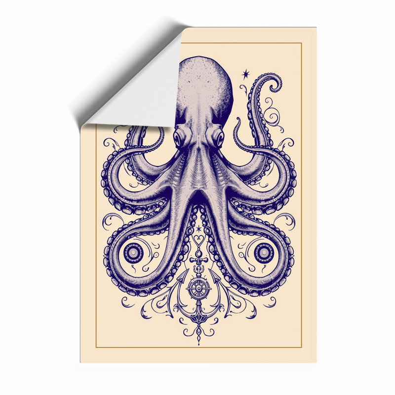 Symmetrical Octopus Japandi - Framed Print, A4 - 29.7 x 21.0 cm, Unframed