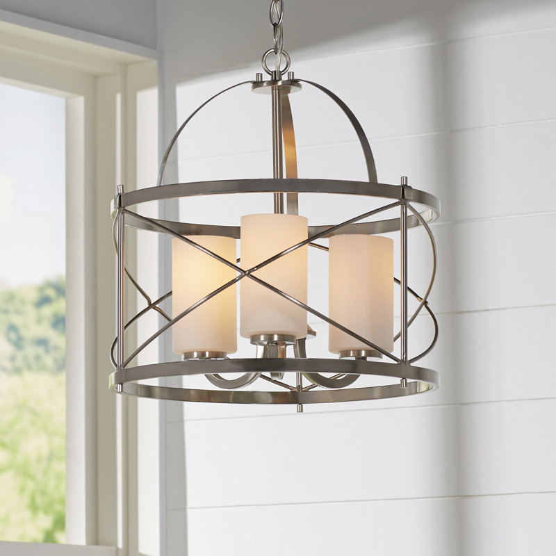 Gaen 16" W 3-Light Steel and Glass Lantern Chandelier, Brushed Nickel