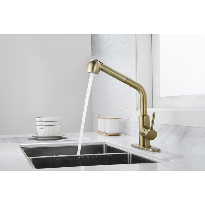 Dual Spray Function Single Pull-Out Sink Faucet In Spot Gold Stainless, 360 Rotating High Nozzle, Water Flow And Temperature Easy To Manage, Rust Design Laundry Simple Adjustment, Dirt Treatment