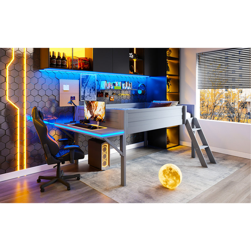 Lit mezzanine pleine grandeur avec bureau et DEL - gris pour une chambre à coucher pratique et pratique qui améliore l'organisation de l'espace